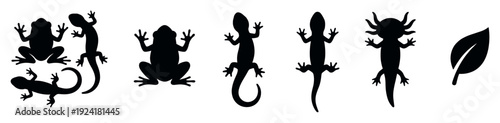 Various black silhouettes of amphibians and reptiles, including frogs, lizards, and a salamander, along with a single leaf, forming a diverse collection of wildlife icons