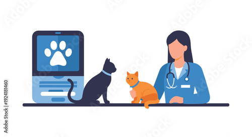 A female veterinarian wearing blue scrubs and a stethoscope sits at a desk with a black cat and an orange cat on a white background.