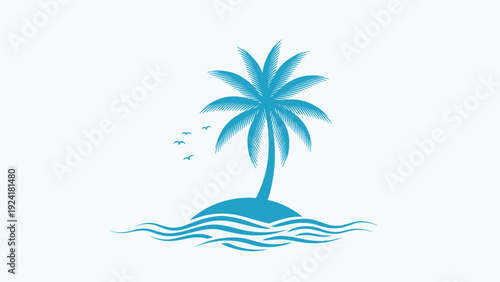 Minimalist tropical island logo with a single palm tree and ocean waves for summer vacation and tourism branding.