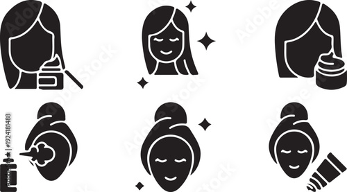 female face skincare black icon set vector illustration