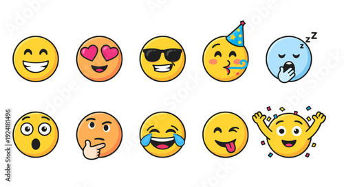Vibrant vector collection of nine distinct cartoon emoji characters showcasing a wide range of human emotions and expressions in a fun, graphic style