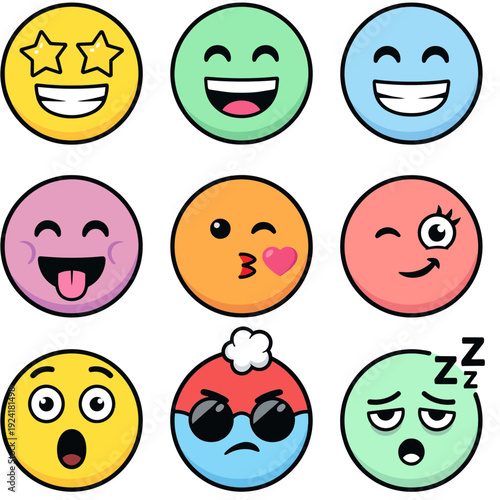A vibrant collection of expressive cartoon emoji characters, showcasing a broad spectrum of human emotions from joyful celebration and playful winks to heartfelt tears, perfect for digital