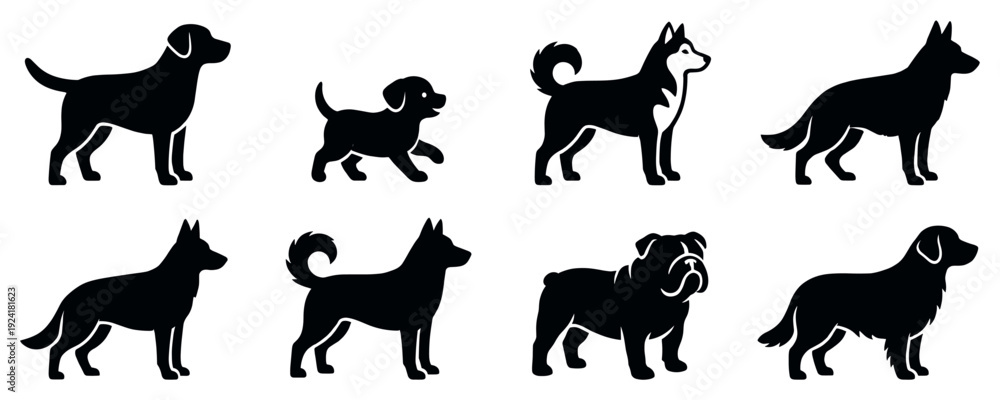 Fototapeta premium Eight diverse black silhouette dog icons featuring various breeds and a playful puppy, rendered in a clean, graphic, and minimalist vector style with subtle white outlines