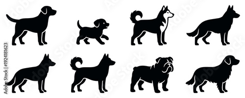 Eight diverse black silhouette dog icons featuring various breeds and a playful puppy, rendered in a clean, graphic, and minimalist vector style with subtle white outlines