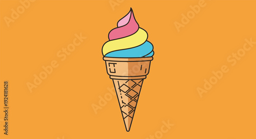 Colorful ice cream cone with pink, yellow, and blue swirls