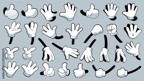 Various cartoon white gloves displayed in different poses and hand gestures a playful design