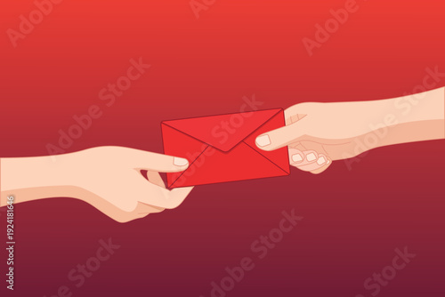 Hands Exchange Red Envelope on Gradient Background, Symbolizing Tradition and Connection