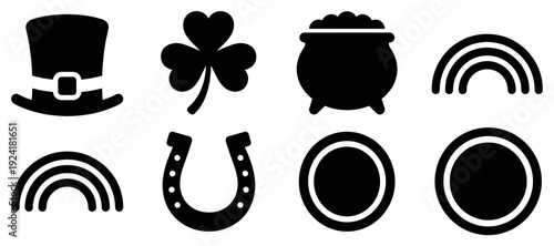 Collection of black silhouette St. Patrick's Day icons, including a leprechaun hat, shamrock, pot of gold, rainbows, horseshoe, and coins, presented in a clean, graphic style