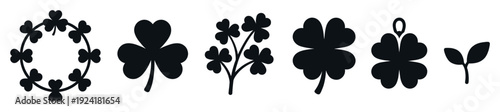 Various black silhouette clover and shamrock illustrations showcasing different shapes including a wreath, single leaves, and a charm, presented in a clean, graphic style