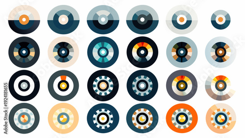 A grid of colorful stylized circular icons with concentric rings and various patterns