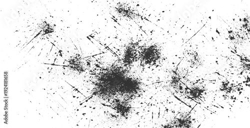 Black ink splatters and scratches on a white textured background splash