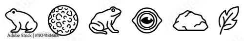 Collection of nature-themed outline icons features frogs, a spotted moon, an eye, a rock, and a leaf, presented in a minimalist, illustrative style