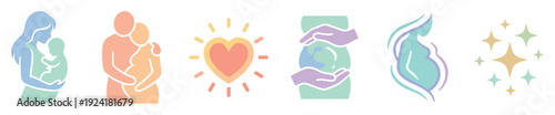 Soft pastel family pregnancy care icons illustrate various stages of maternal journey, parental support, and loving relationships with a gentle, minimalist design