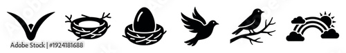 Collection of various nature-themed black silhouette icons, featuring a checkmark, bird nests, flying bird, perched bird, and a rainbow with sun and clouds, rendered in a clean, minimalist style
