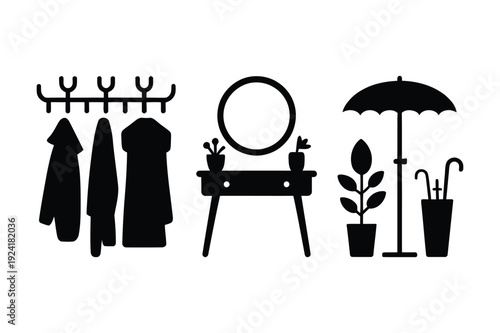 Hallway Entryway Icons: Coats, Mirror, Plants, Umbrella, Shoes