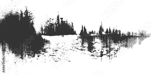 Dark abstract forest silhouette reflected in textured water surface with grainy effect trees