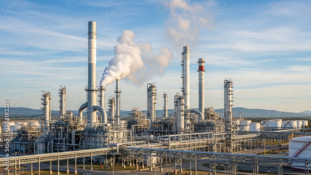 Fototapeta premium Industrial plant with smoke stacks emitting steam under blue sky