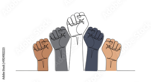 Diverse raised fists symbolizing unity, protest, and equality