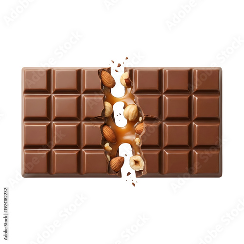 Chocolate Bar with Caramel Almonds and Hazelnuts broken isolated on transparent background