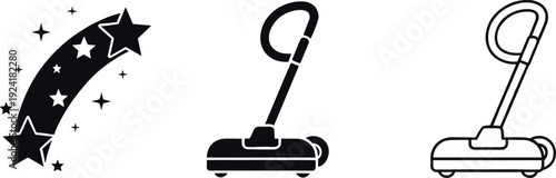 Star sparkle trail with vacuum cleaner icons in filled and outline styles, representing cleaning, shine, and freshness concept.