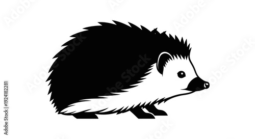 Stylized black and white illustration of a cute hedgehog with prominent quills, depicted in a side profile.