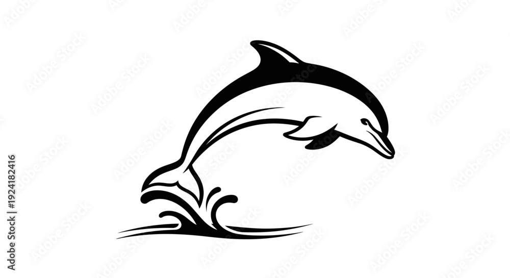 Obraz premium Stylized black and white illustration of a dolphin jumping out of water with splashes.