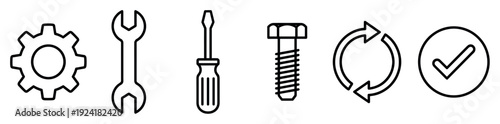 Collection of black outline icons depicting various tools and symbols including a gear, wrench, screwdriver, bolt, refresh arrow, and checkmark, presented in a clean, minimalist style