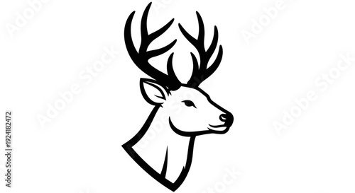 Black and white line art illustration of a deer head with large antlers in profile.