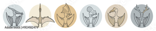 Six distinct cartoon pterodactyls are illustrated with varying head crests and beak shapes, presented in a clean, simple, and friendly style within individual circular frames