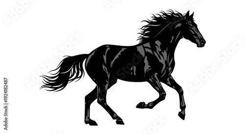 Black horse running with flowing mane and tail in a dynamic pose.