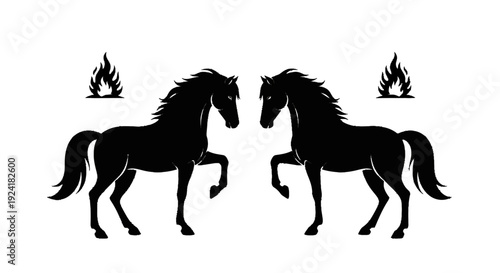 Two black horses facing each other with flames above.