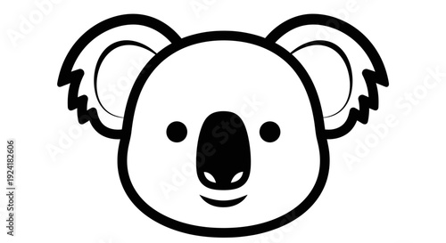 A simple black and white outline drawing of a cute koala's head, depicted in a friendly cartoon style.