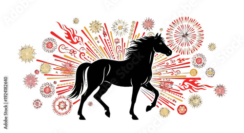 Black horse silhouette running with dynamic red and yellow abstract elements.