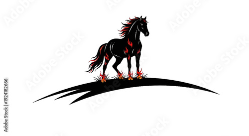 Black horse with red accents standing on a curved line.