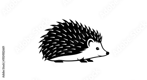 A simple black and white illustration of a hedgehog with prominent quills, depicted in profile.