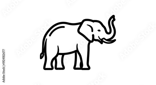 Simple black and white line art drawing of an elephant with its trunk raised.