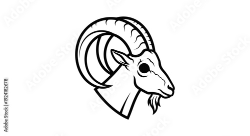 Black and white line art illustration of a goat's head with large curved horns and a beard, facing right.