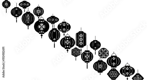 Collection of black and white chinese lanterns in various shapes and designs.