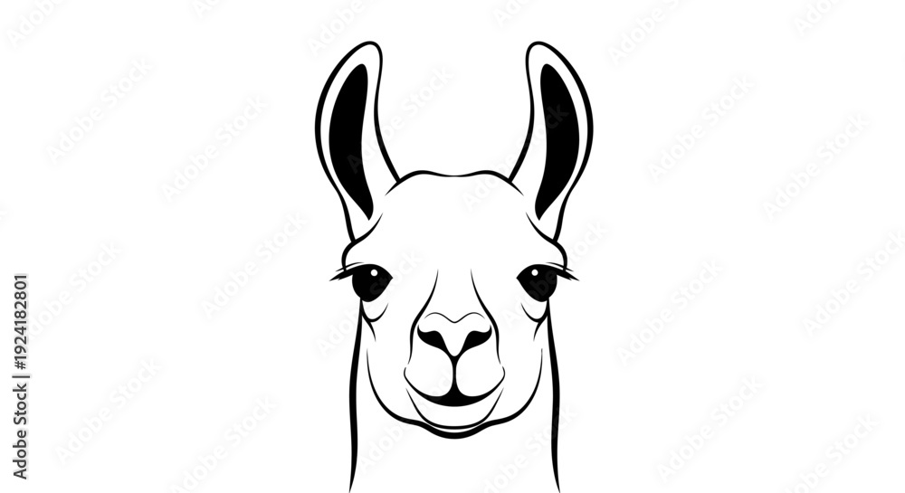 Naklejka premium Black and white line art illustration of a llama's head looking directly forward with a gentle expression.