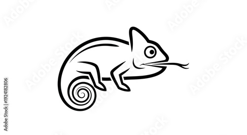 Black and white line art illustration of a chameleon with its tongue extended and tail curled in a spiral.