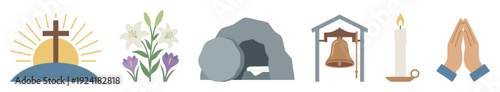 Various flat design Christian Easter religious symbols are depicted in a horizontal row, illustrating themes of resurrection, hope, and faith with a simple, modern aesthetic