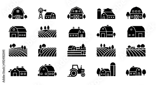 Collection of simple black farm icons on.