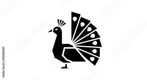 A stylized black silhouette of a peacock with its tail fanned out, depicted in a geometric art style on a white background.
