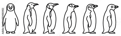 Six simple outline illustrations of various penguins standing in a row, showcasing different poses and a clean, minimalist graphic design style