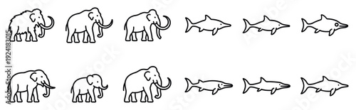 Various black outline animal icons, featuring elephants, mammoths, dolphins, and sharks, are presented in a clean, minimalist grid layout with subtle variations