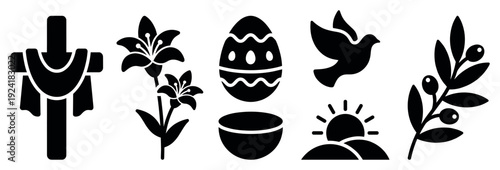 Collection of black silhouette Easter and religious icons including a draped cross, lilies, a decorated egg, a dove, sunrise, and an olive branch, presented in a clean, graphic style