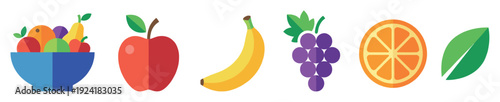 Colorful flat design fruit icons, including a bowl of mixed fruit, a red apple, a yellow banana, purple grapes, an orange slice, and a green leaf, in a vibrant, simple style