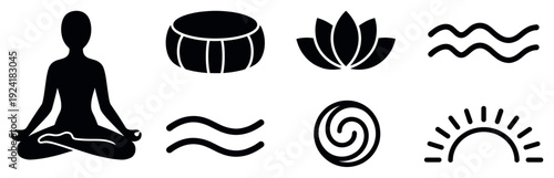 Collection of black silhouette meditation and nature icons, including a meditating figure, lotus flower, cushion, waves, spiral, and sun, presented in a clean, minimalist graphic style