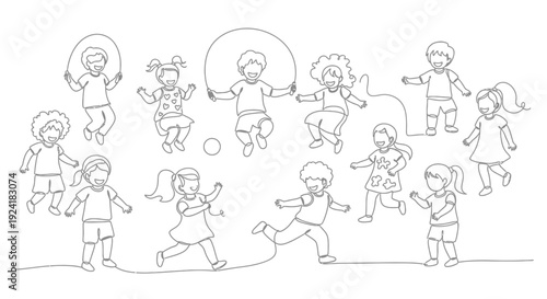 Children Playing, Jumping Rope, Running, Diverse Kids Line Art