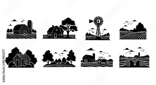Set of black and white farm landscape icons with various agricultural elements.